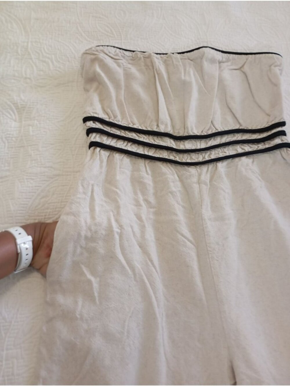 Monteau Los Angeles Women Strapless Jumpsuit Beige Black Trim Medium Linen Blend - Picture 5 of 13